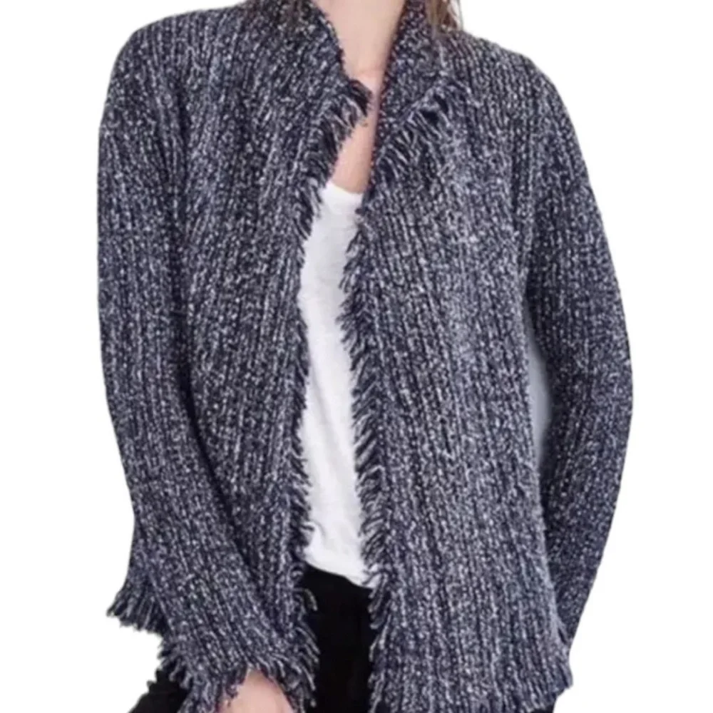 Velvet by Graham & Spencer Tweed Chunky Knit Fringe Open Front Cardigan